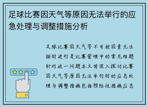 足球比赛因天气等原因无法举行的应急处理与调整措施分析