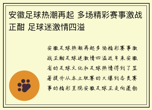 安徽足球热潮再起 多场精彩赛事激战正酣 足球迷激情四溢